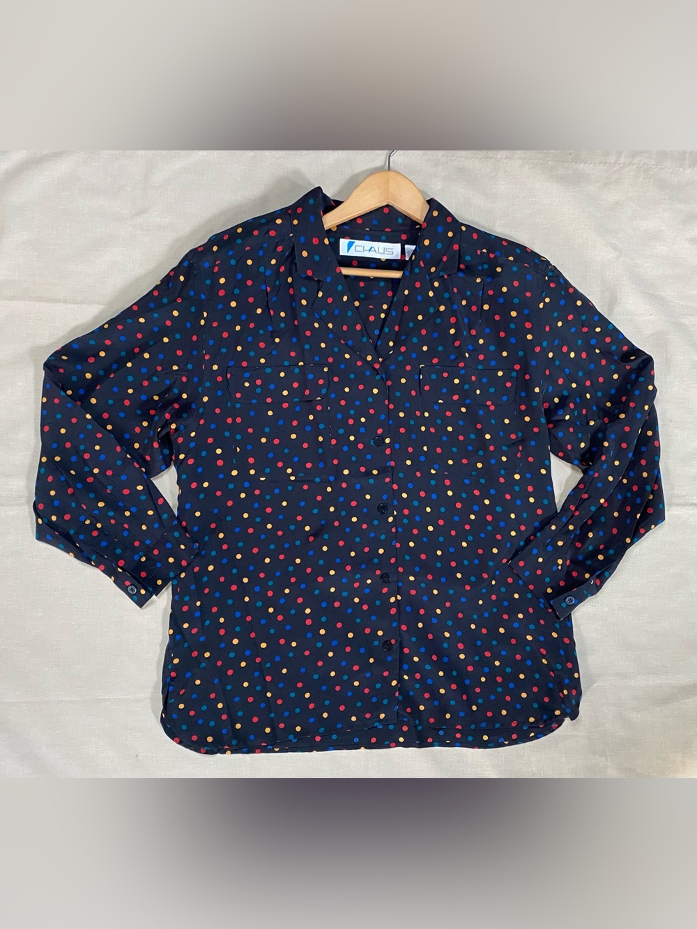 Vintage 90s Chaus Silk Confetti Polka Dot Camp Shirt w/ Shoulder Pads 16